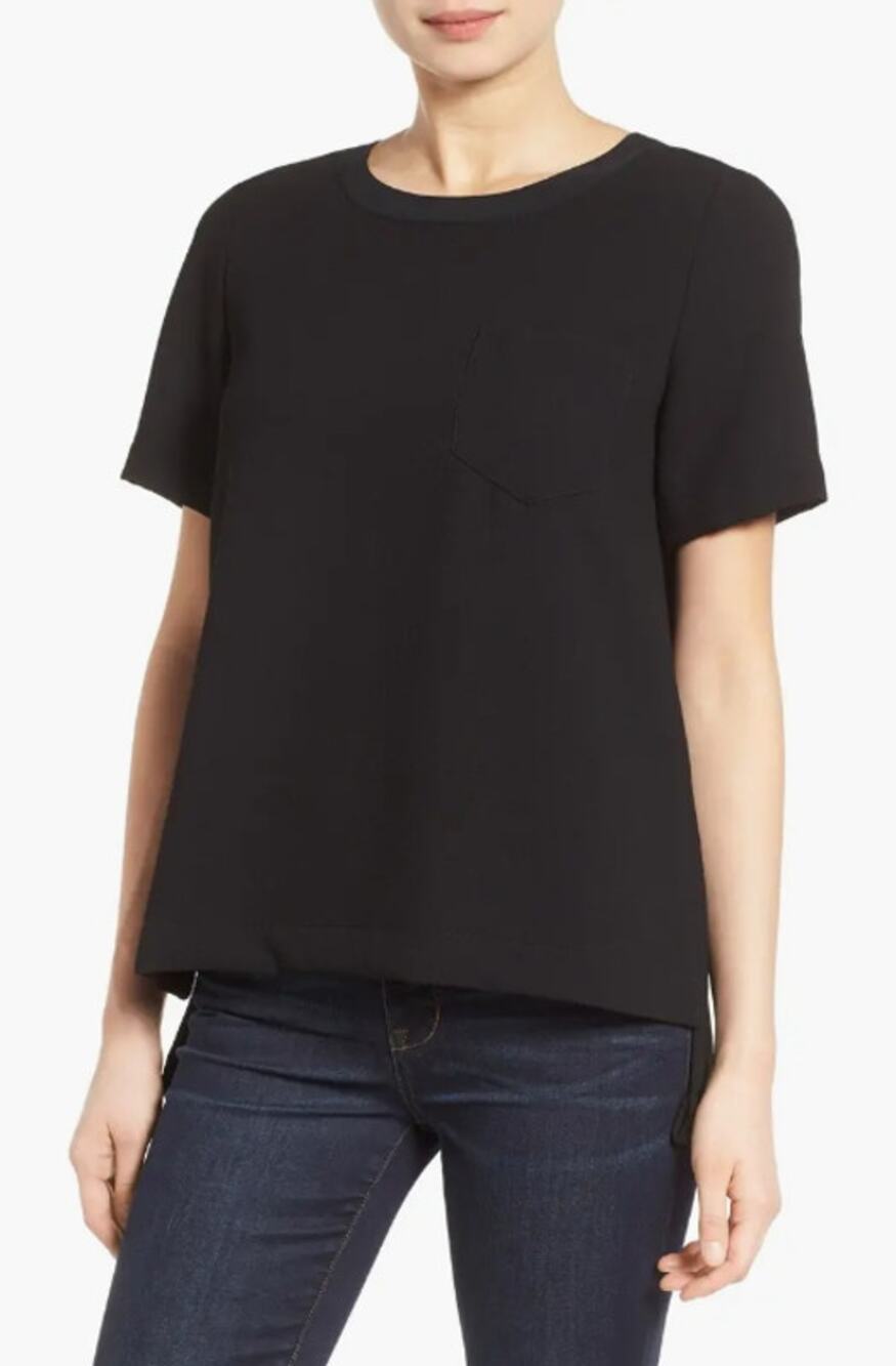 Madewell Black Short Sleeve Button Back Top Women S Silk Trim High Low Crew Neck
